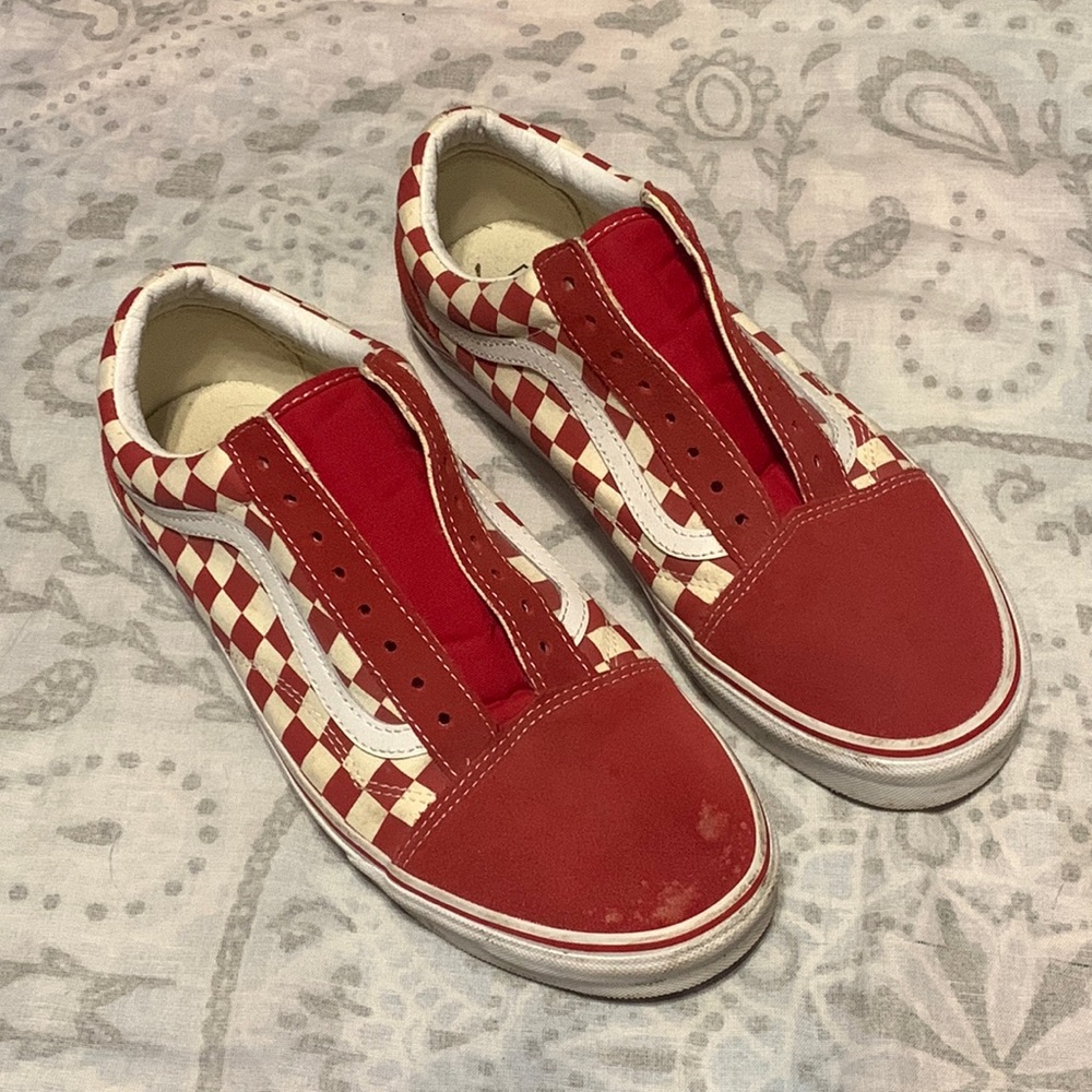 Vans Old Skool Low Top Checkerboard Skate Sneakers Shoes Red White Sz 11